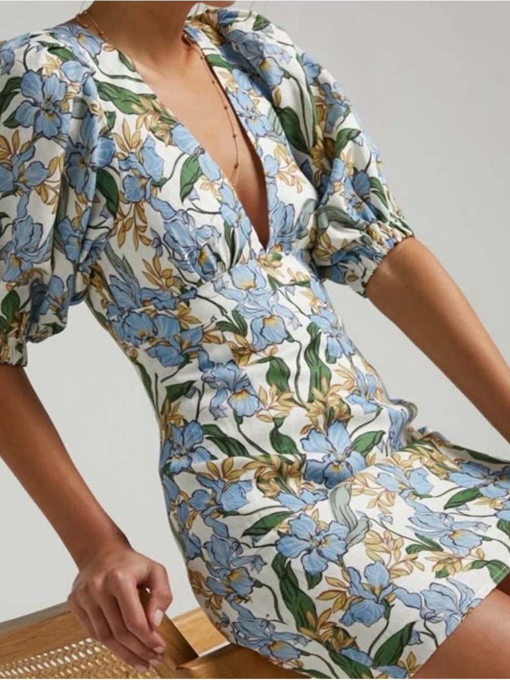 Showpo Floral Puff-Sleeve Mini Dress in Blue, Green & Cream